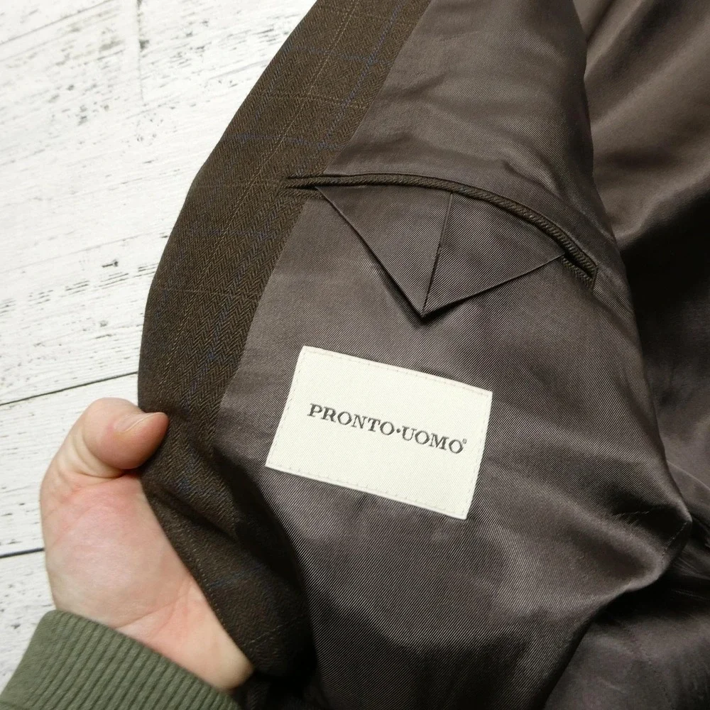 Pronto Uomo Blazer Mens 46L Brown Herringbone Wool Tweed Sport Coat Jacket